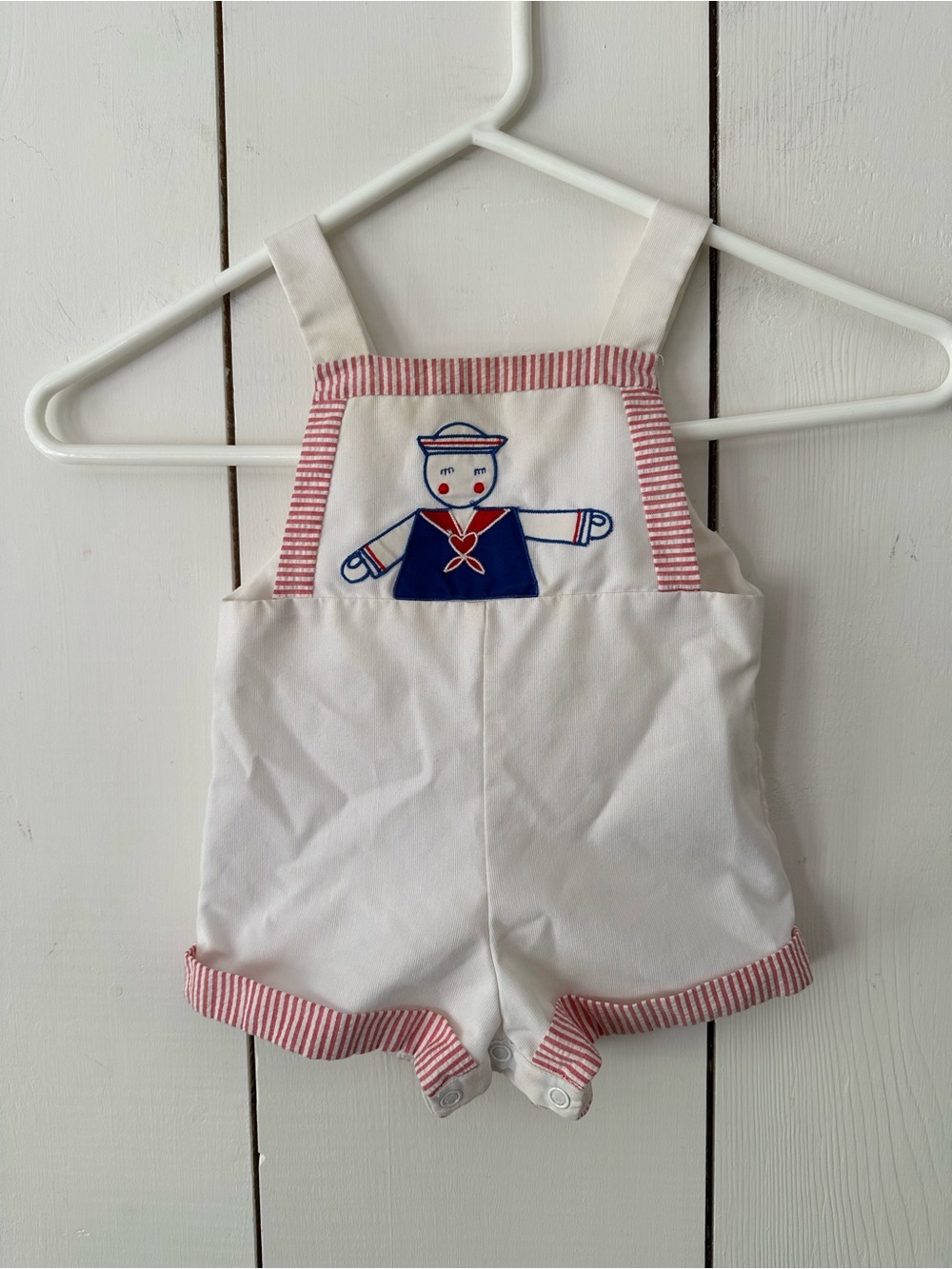 Vintage Baby Sailor Overall Short Set / Romper 12M White Red Stripe Trim